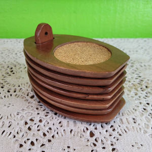 Vintage Milbern Wooden Oval MCM Mid Century Modern Coaster Set of 6 w/ Caddy